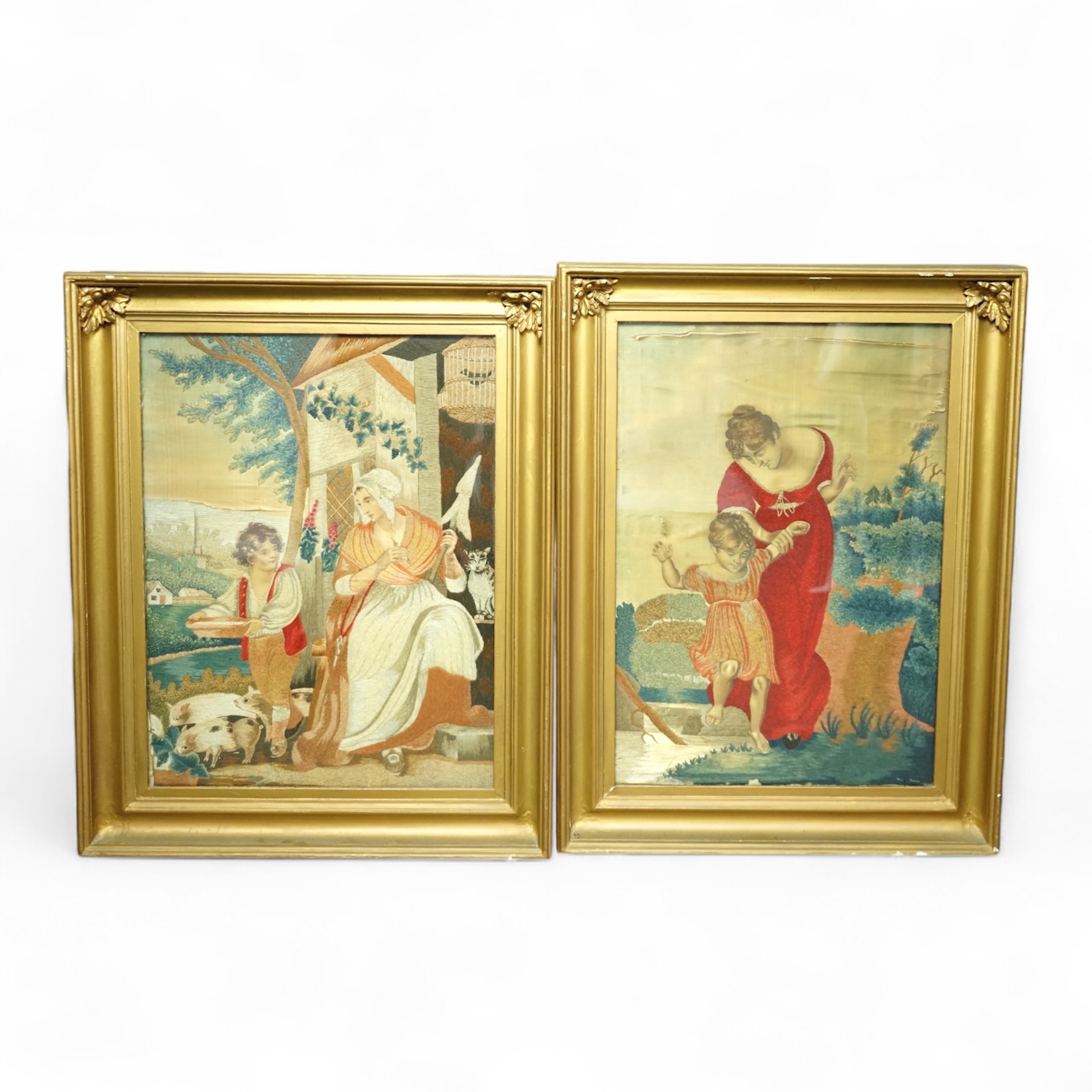 Two Regency silk embroidered and painted figurative panels. Both mother and child scences. One an intimate farmyard scene, embroidered with mother and child, flowers, a cat and pigs. The other of a mother helping her chi